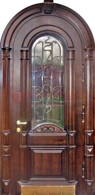 Арочная металлическая дверь массив со стеклом и ковкой ДА-50 в Волоколамске