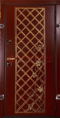 Бордовая металлическая дверь с ковкой ДК-10 для квартиры в Волоколамске