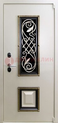 Белая стальная дверь с ковкой со стеклопакетом и МДФ ДК-30 в Волоколамске