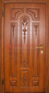 Коричневая стальная дверь с массивом дуба с рисунком ДМД-45 в Волоколамске