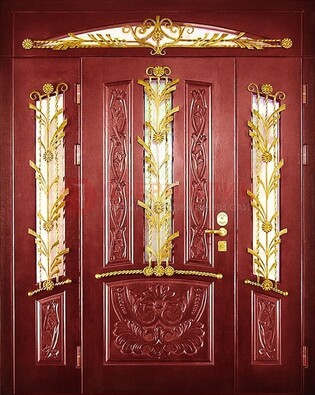 Бордовая железная парадная дверь со стеклом и ковкой ДПР-75 в Волоколамске
