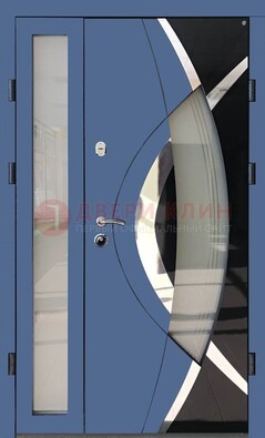 Синяя металлическая дверь со стеклом и узором ДС-13 в Волоколамске