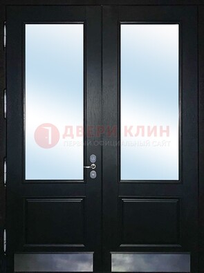 Черная двухстворчатая металлическая дверь со стеклом ДС-25 в Волоколамске