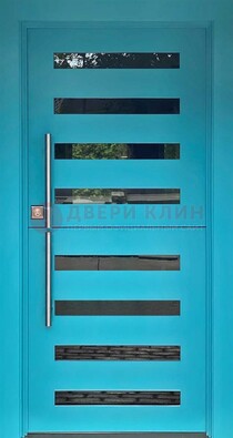 Голубая уличная дверь с МДФ панелью и стеклом ДС-51 в Волоколамске