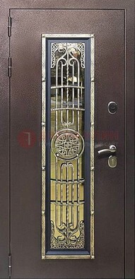 Железная дверь цвета медный антик со стеклом и ковкой ДСК-105 в Волоколамске