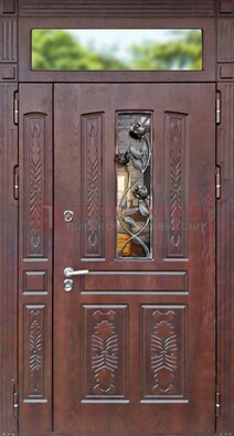 Коричневая железная дверь со стеклом и ковкой на улицу ДСК-127 в Волоколамске
