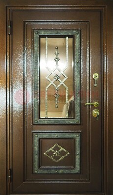 Теплая входная дверь со стеклом и ковкой разноцветной ДСК-13 в Волоколамске