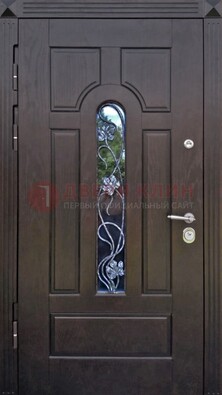 Металлическая дверь со стеклом и ковкой в цвете венге ДСК-142 в Волоколамске