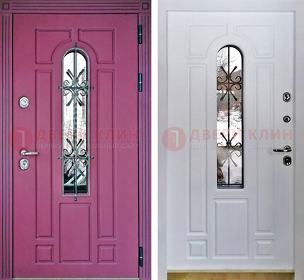 Розовая металлическая дверь со стеклом и ковкой ДСК-151 в Волоколамске