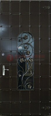 Высокая железная дверь со стеклом и ковкой ДСК-15 в Волоколамске