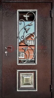 Коричневая стальная дверь порошок со стеклом и ковкой ДСК-163 в Йошкар-Оле