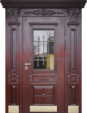 Железная парадная дверь массив дуба со стеклом и ковкой ДСК-175 в Волоколамске