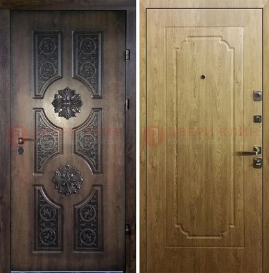 Железная коричневая дверь с виноритом и терморазрывом Золотой дуб внутри ДВТ-101 в Волоколамске