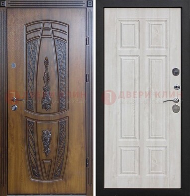 Железная коричневая уличная дверь с виноритом и МДФ Беленый дуб ДВТ-125 в Волоколамске
