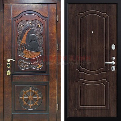 Темная железная дверь с виноритом и резьбой ДВТ-53 в Волоколамске