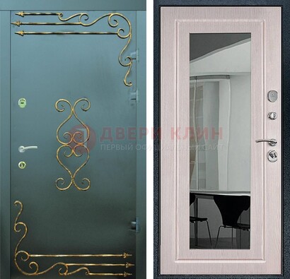 Железная темная дверь c порошковым напылением и МДФ Белый дуб с зеркалом ДЗ-110 в Волоколамске