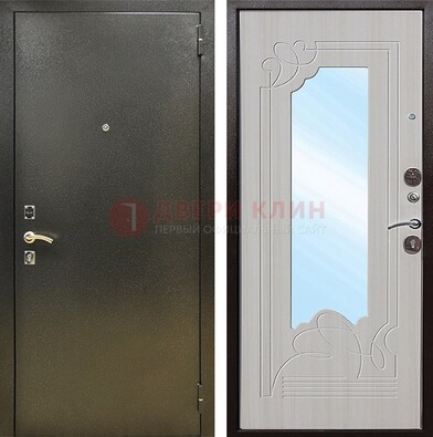 Входная темно-серая дверь c порошковым покрытием и МДФ с резьбой и зеркалом ДЗ-113 в Екатеринбурге