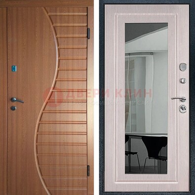 Коричневая железная дверь c виноритом и  МДФ Белый дуб с зеркалом ДЗ-118 в Волоколамске