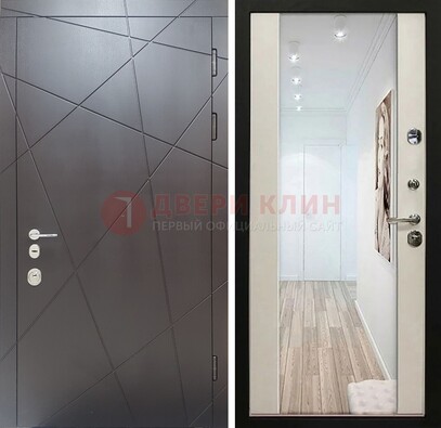 Железная коричневая дверь со светлой МДФ внутри и зеркалом ДЗ-125 в Волоколамске