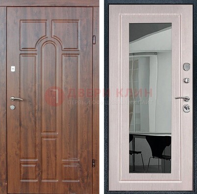 Входная коричневая дверь с МДФ Белый дуб и зеркалом ДЗ-126 в Химках