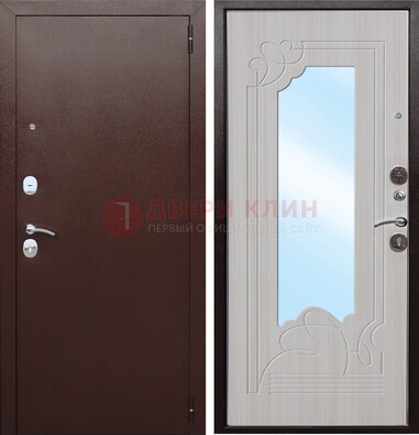 Коричневая металлическая дверь с зеркалом МДФ внутри ДЗ-33 в Волоколамске