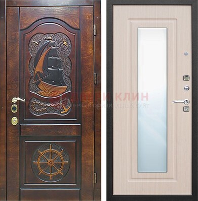 Темная уличная дверь с резьбой и зеркалом внутри ДЗ-49 в Волоколамске