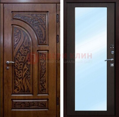 Коричневая входная дверь c узором и виноритом МДФ с зеркалом ДЗ-98 в Волоколамске