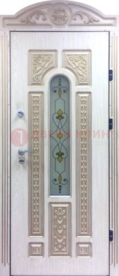 Белая железная дверь с МДФ и витражом ВЖ-26 в Волоколамске