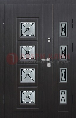 Чёрная двухстворчатая железная дверь с МДФ и витражом ВЖ-35 в Волоколамске